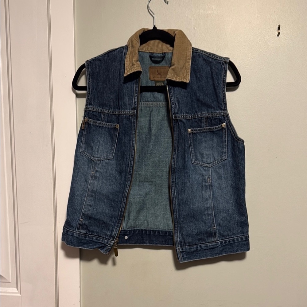 Eddie Bauer Blue Denim Vest with Brown Accents zip up XS